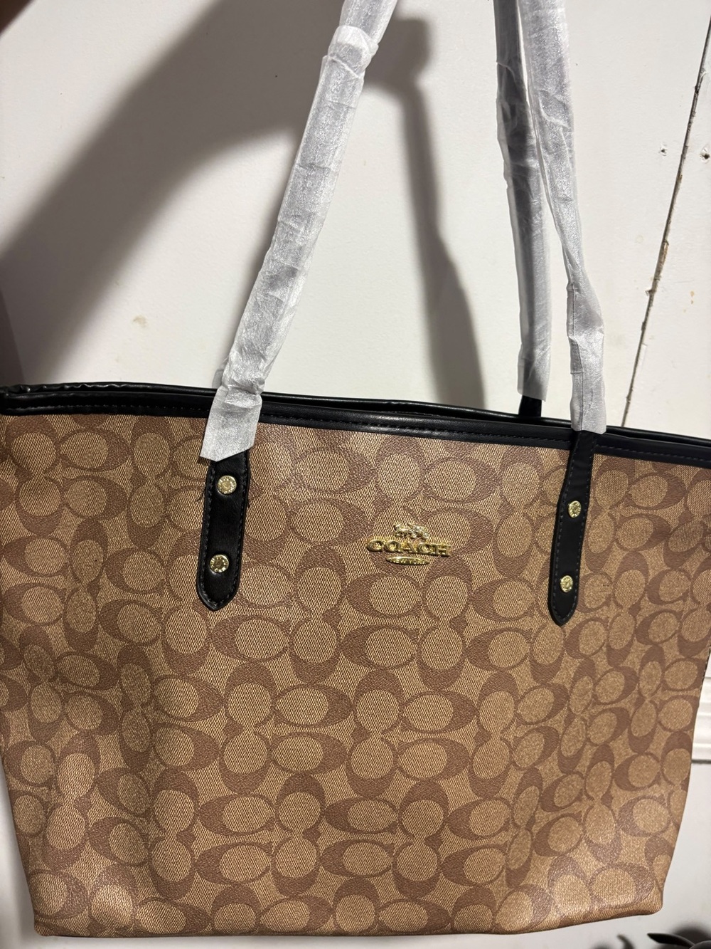 Coach Brown Signature Canvas Tote with Black Trim and Gold Hardware